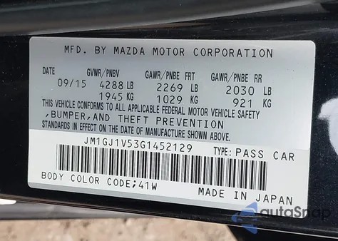 2016 Mazda Mazda6 I Touring from USA, damaged, VIN JM1GJ1V53G1452129